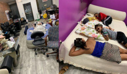 A family of five sleeping in a shuttered salon