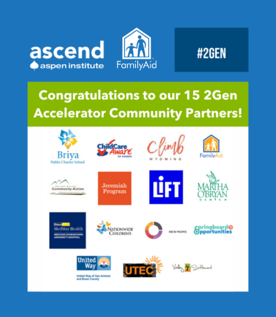 Graphic showing 15 members of 2Gen Accelerator Community, including FamilyAid